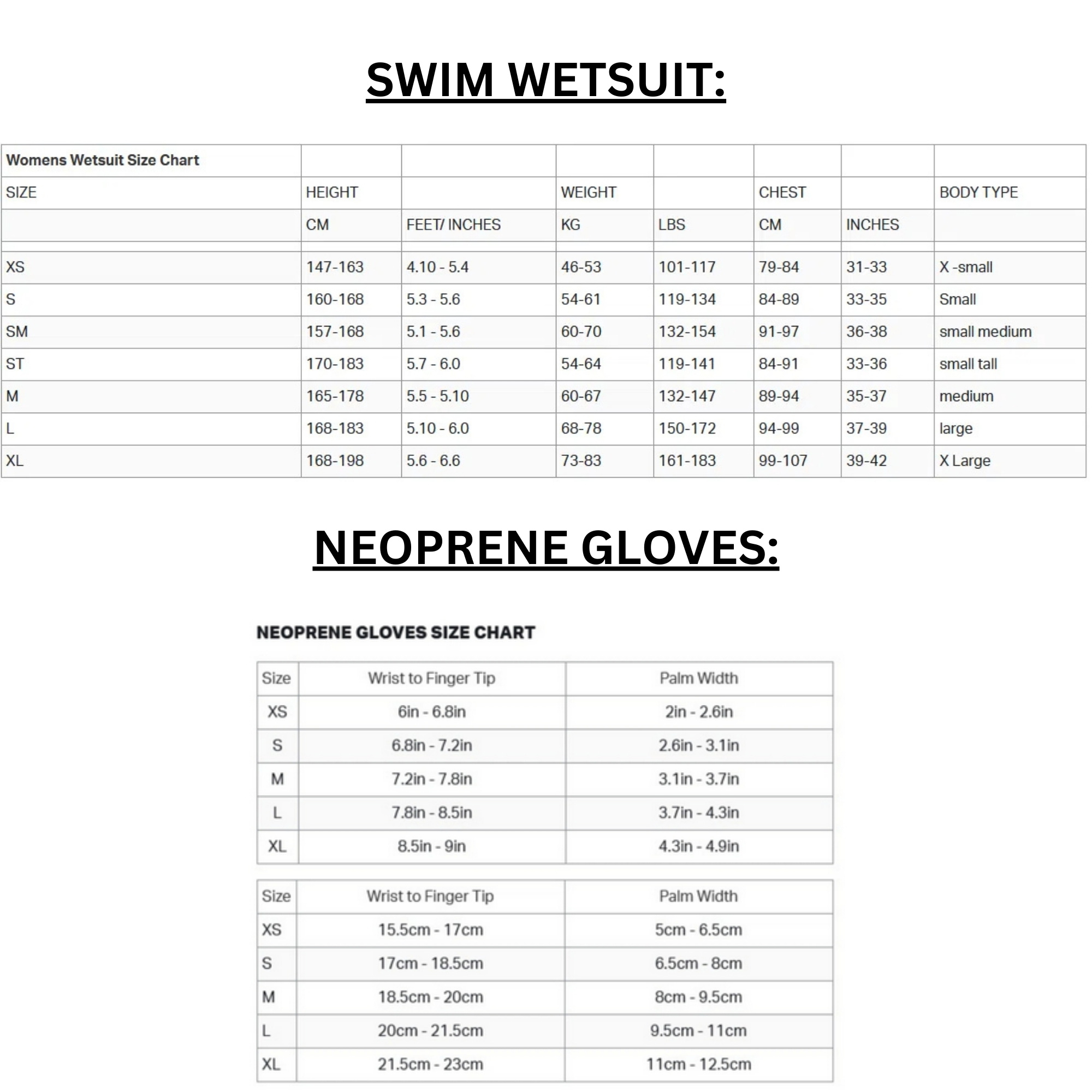 ZONE 3 SWIM WETSUIT & GLOVES 24 0 Grentabelle